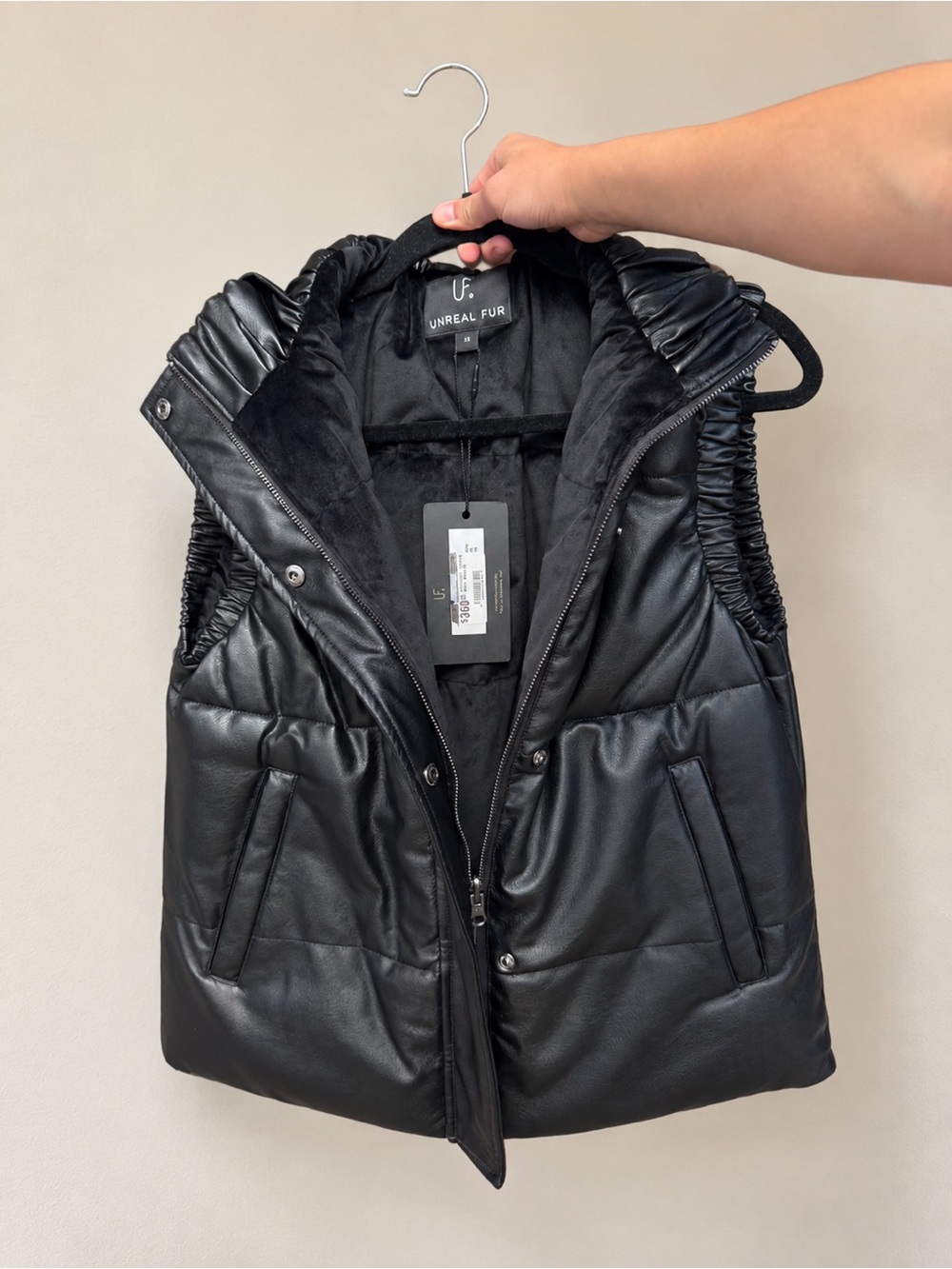 NWT Revolve x Unreal Fur; Black Faux-Leather Puffer Vest
